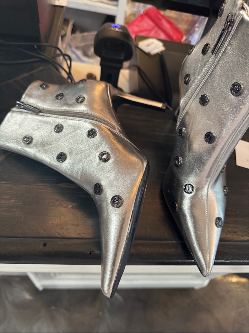 Karl Lagerfeld Silver Pointed Toe Studded Ankle Boots - Picture 6 of 11